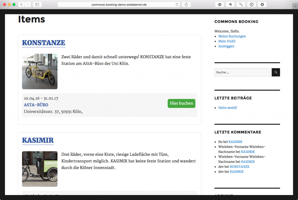 Commons Booking 0.9 -Artikelliste